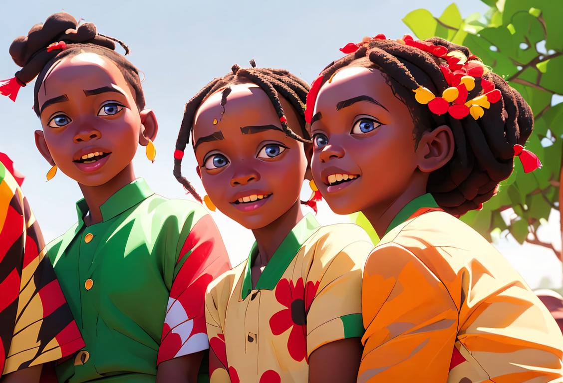 A joyful group of Kenyan children wearing colorful traditional clothing, celebrating Jamhuri Day in a vibrant outdoor setting..