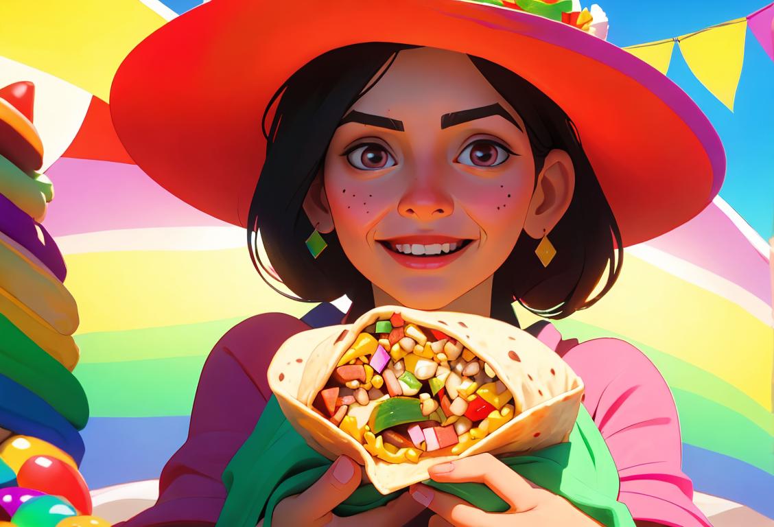 A joyful person holding a burrito, wearing a colorful sombrero, in a festive Mexican street market..