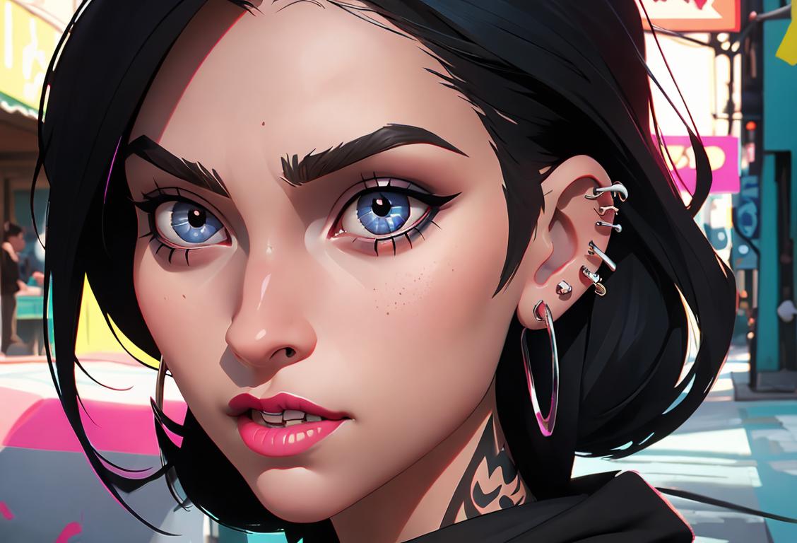 A person showcasing their artistic piercings, wearing trendy clothing, in a vibrant urban setting..