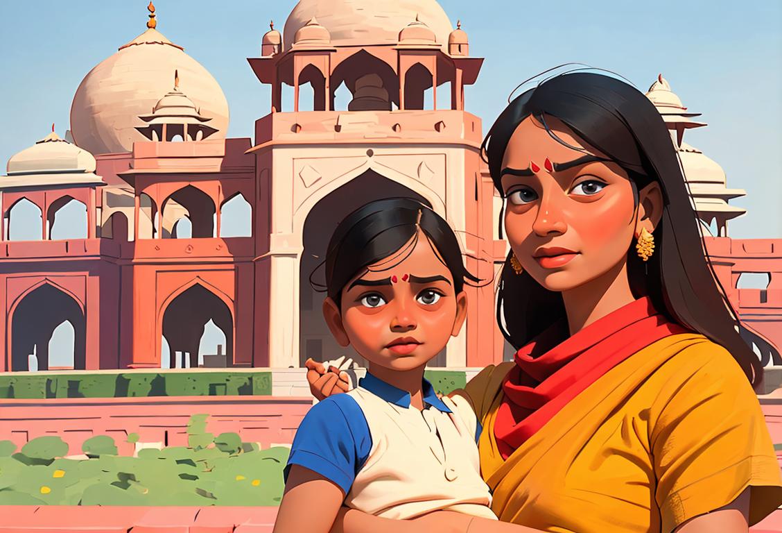 A family enjoying a sunny day in Delhi, wearing colorful traditional Indian attire, with iconic landmarks like the Red Fort in the background..