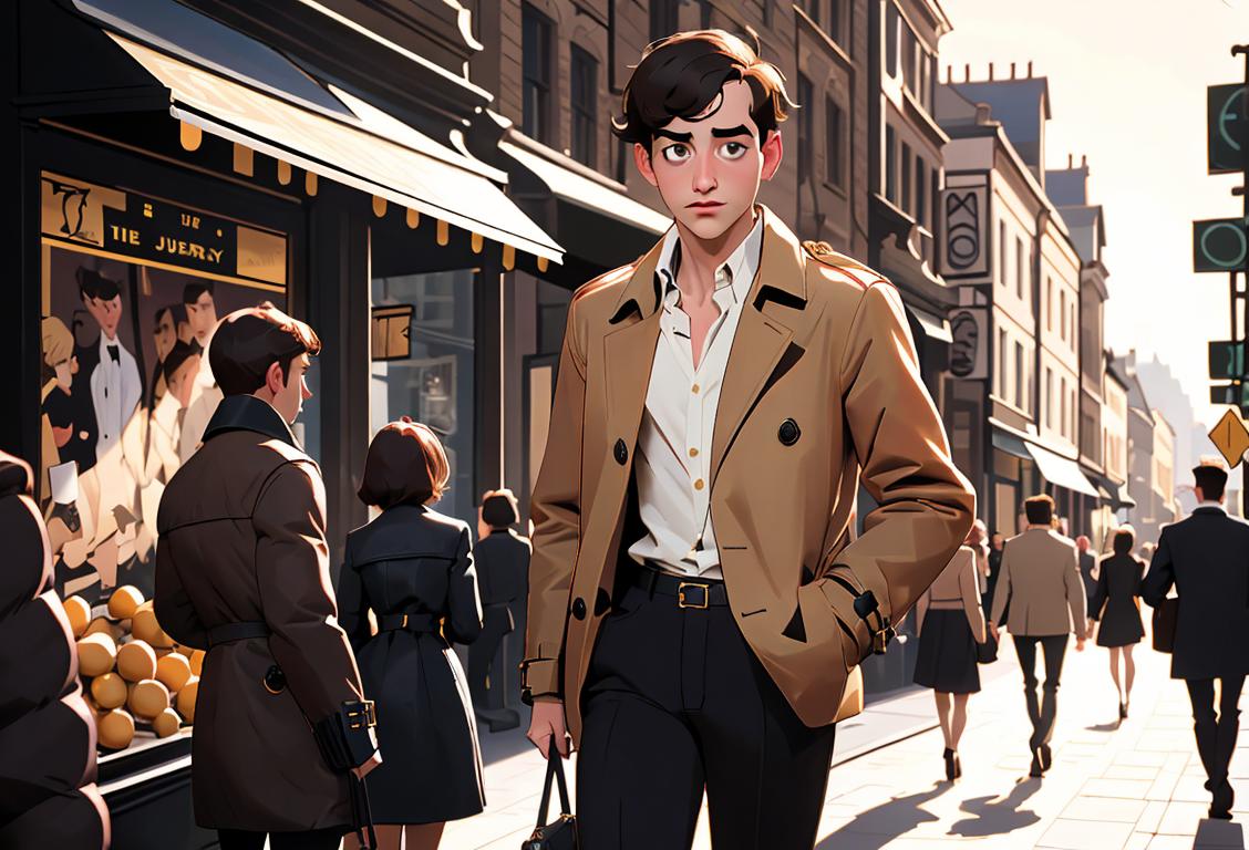Young man wearing a trendy Burberry shirt, walking down a bustling city street, surrounded by fashionable people and stylish storefronts..