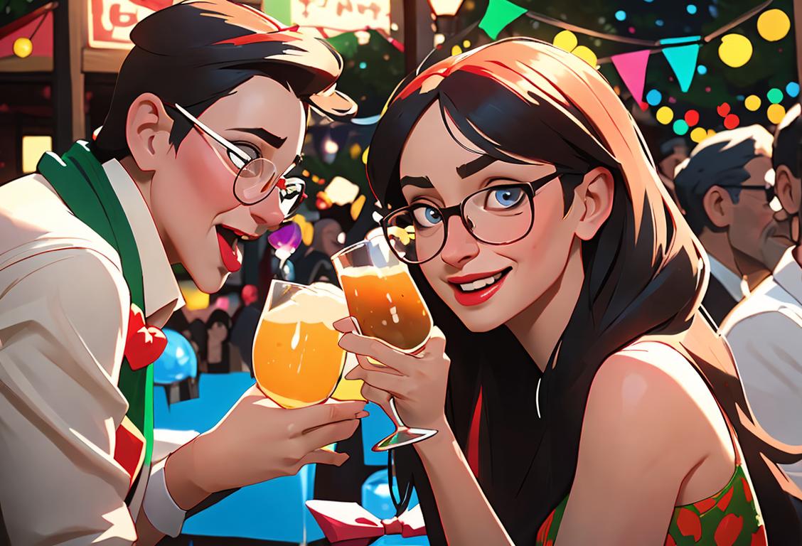 Happy people clinking glasses, wearing festive attire, in a lively and colorful outdoor celebratory scene..