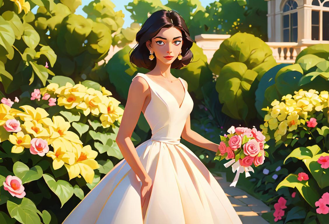 Young woman wearing an elegant dress, holding an ormille flower bouquet, in a beautiful garden setting..