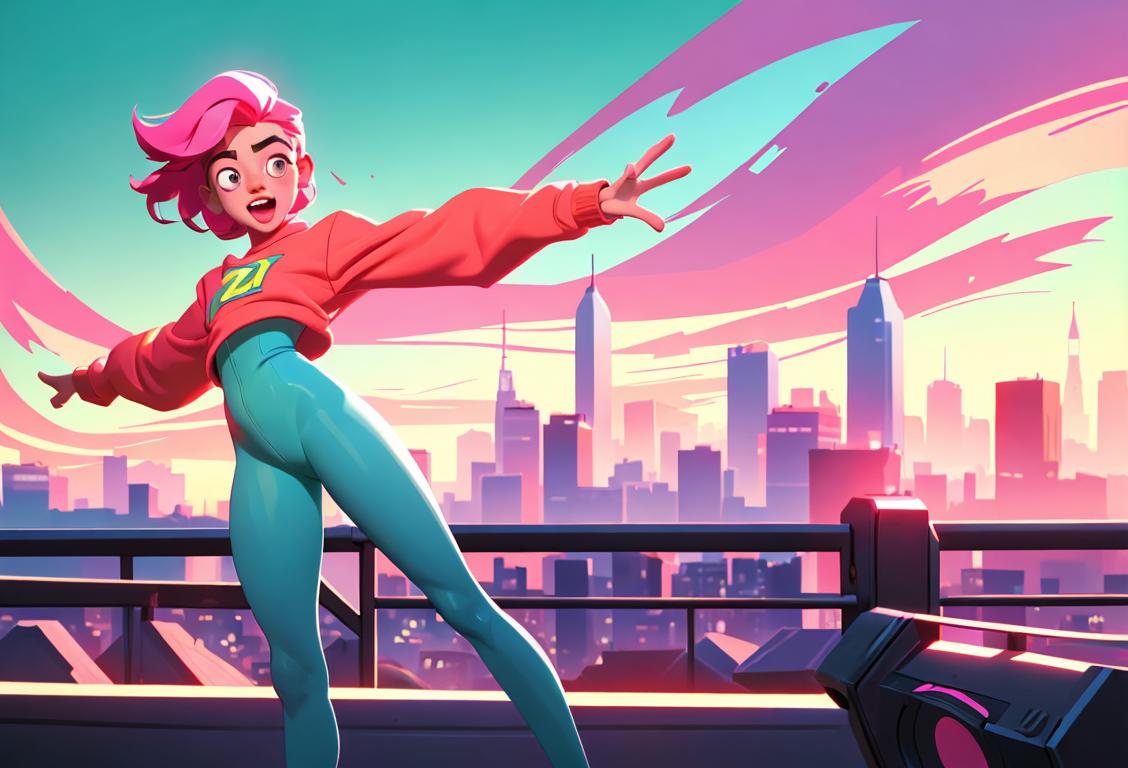 Young person with arms wide open, wearing bright colored clothing, energetic pose, city skyline and vibrant background..