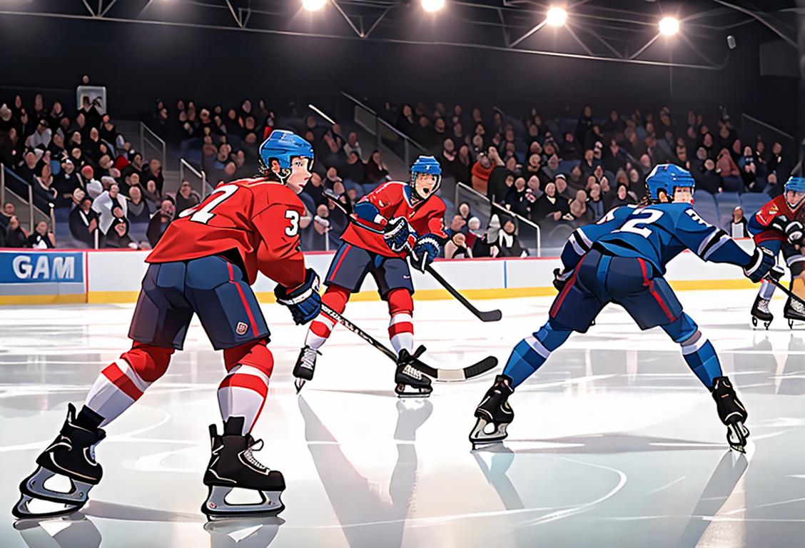 A group of hockey players wearing jerseys and skates, playing on an icy rink, with cheering fans in the background..