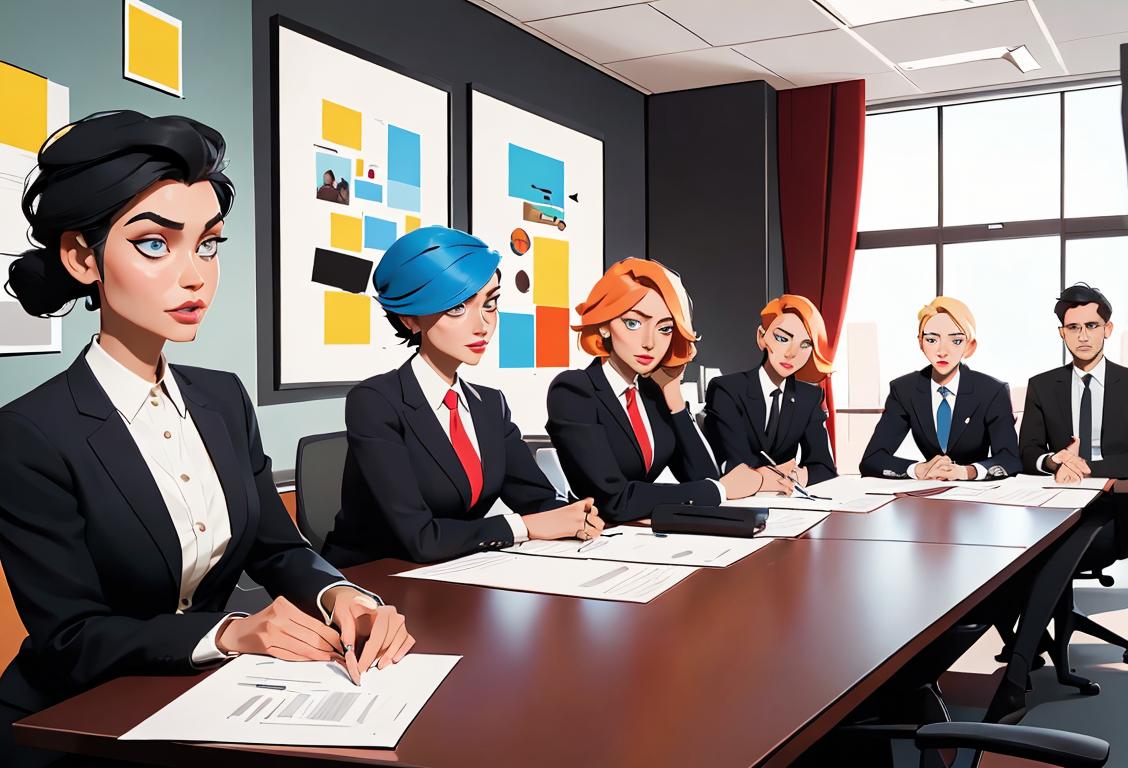 Group of professionals in business attire, discussing ideas in a modern office setting, diverse hairstyles and fashion styles..