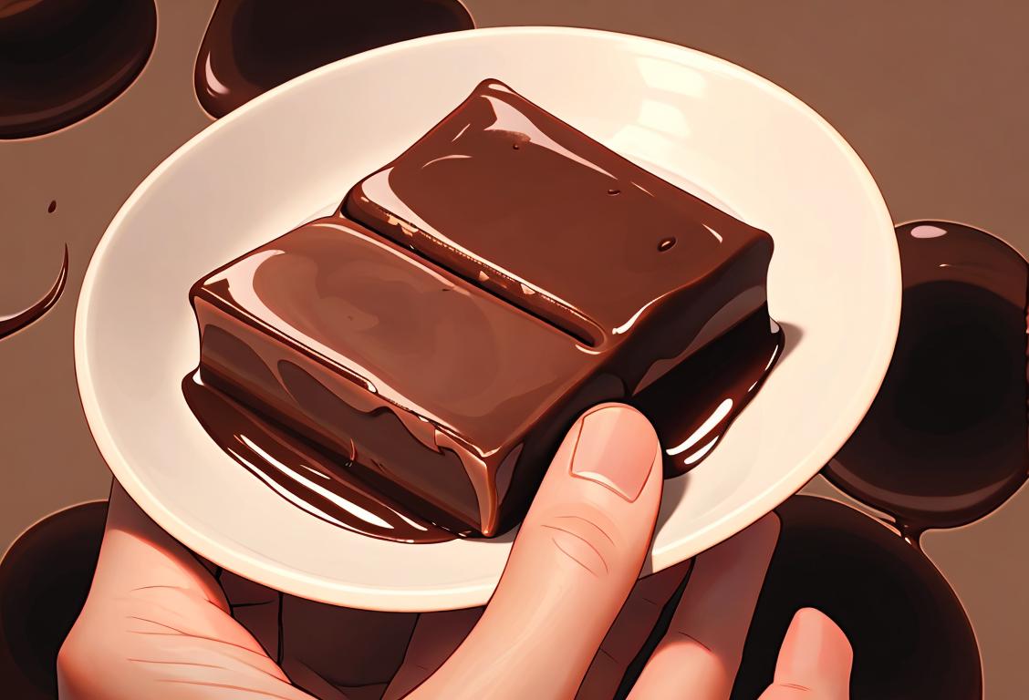 Happy person holding a chocolate caramel bar in one hand, with a mesmerizing background of swirling chocolate and caramel..