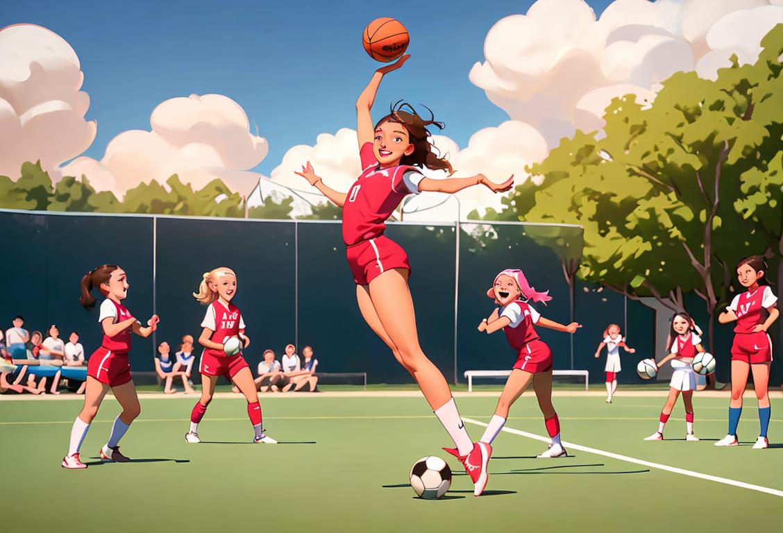 Young girls in sports uniforms, with beaming smiles, showcasing a range of sports like soccer, basketball, and gymnastics, in a vibrant and energetic outdoor setting..
