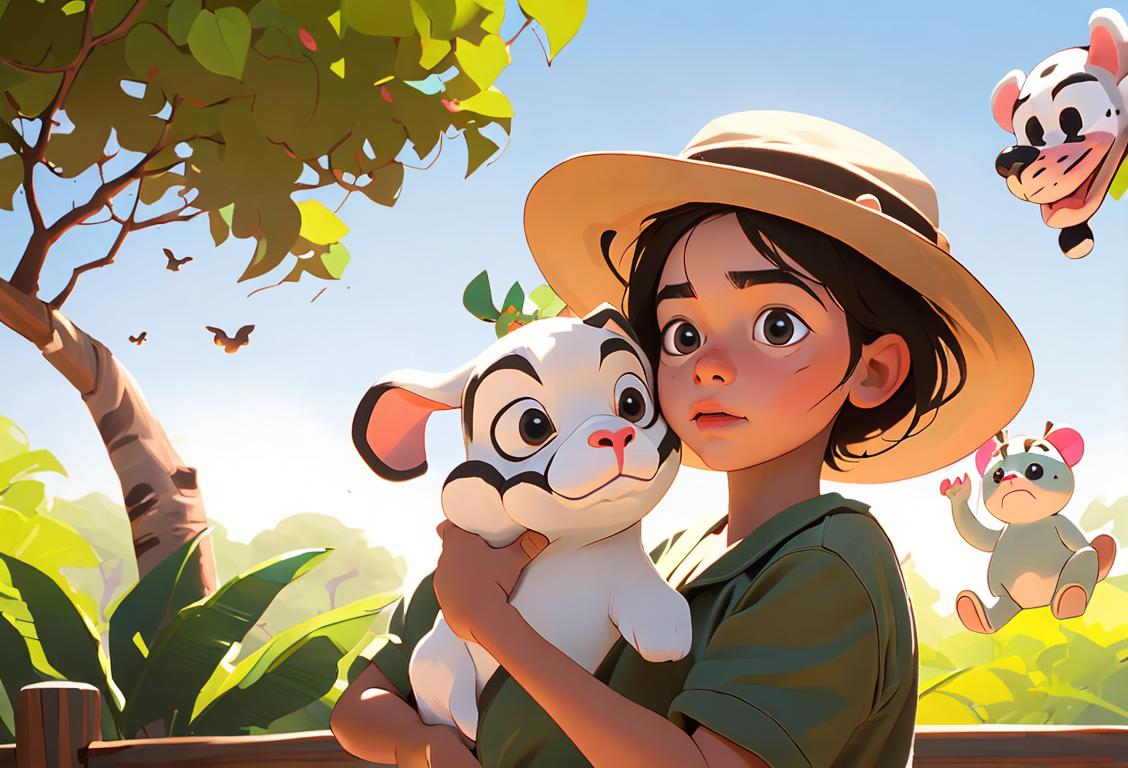 Young child with wide-eyed excitement, wearing a safari hat, holding a stuffed animal, zoo setting with various animals in the background..