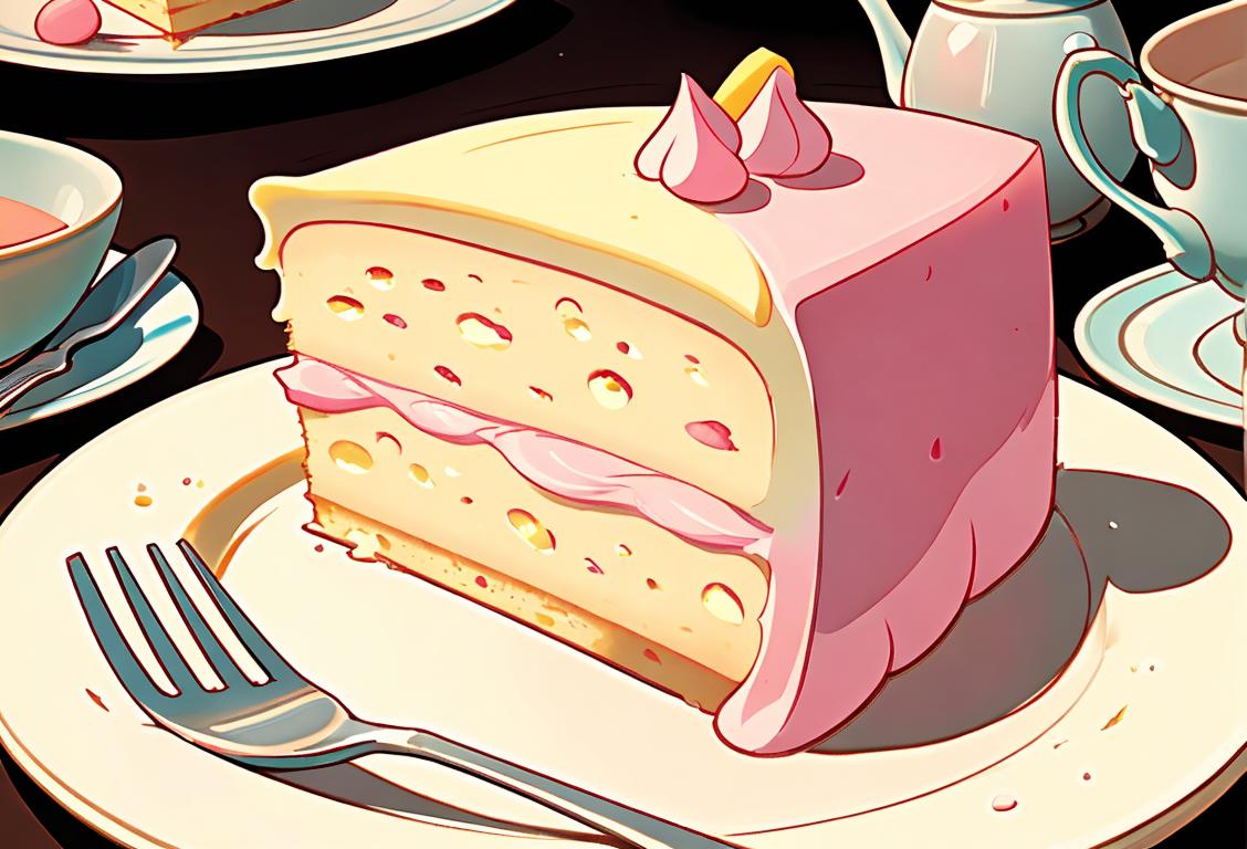 A cheerful person holding a slice of sponge cake with a fork, surrounded by pastel-colored decorations and a whimsical tea party setting..
