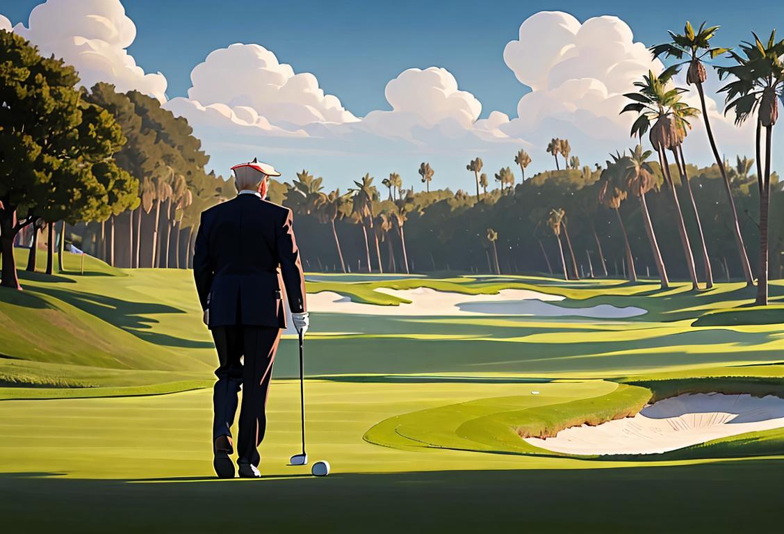 Donald Trump walking off a golf course with a big smile, wearing golf attire, luxurious golf resort setting..