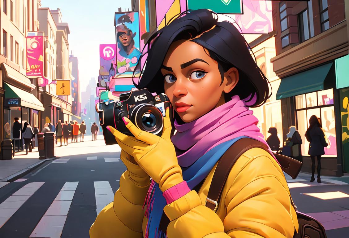 Young woman holding a camera, wearing a colorful scarf, retro fashion, vibrant city street scene, capturing the spirit of National KSI Day..