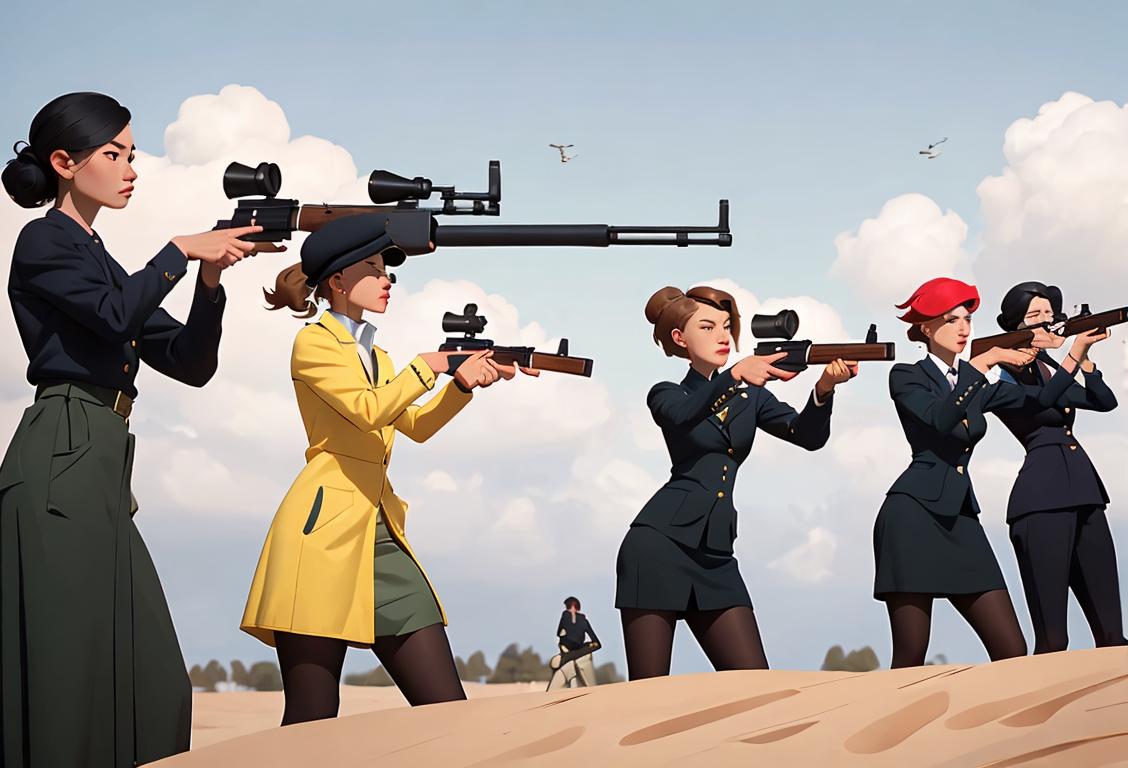 A diverse group of women confidently aiming and shooting their guns in a picturesque outdoor range, dressed in stylish shooting attire..