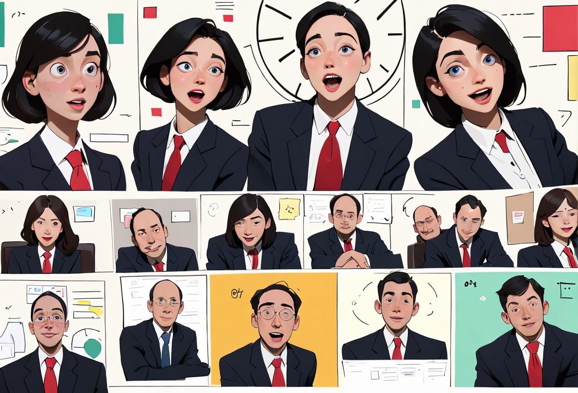 Happy people surrounded by charts and graphs, dressed in professional attire, working in a bustling office environment..