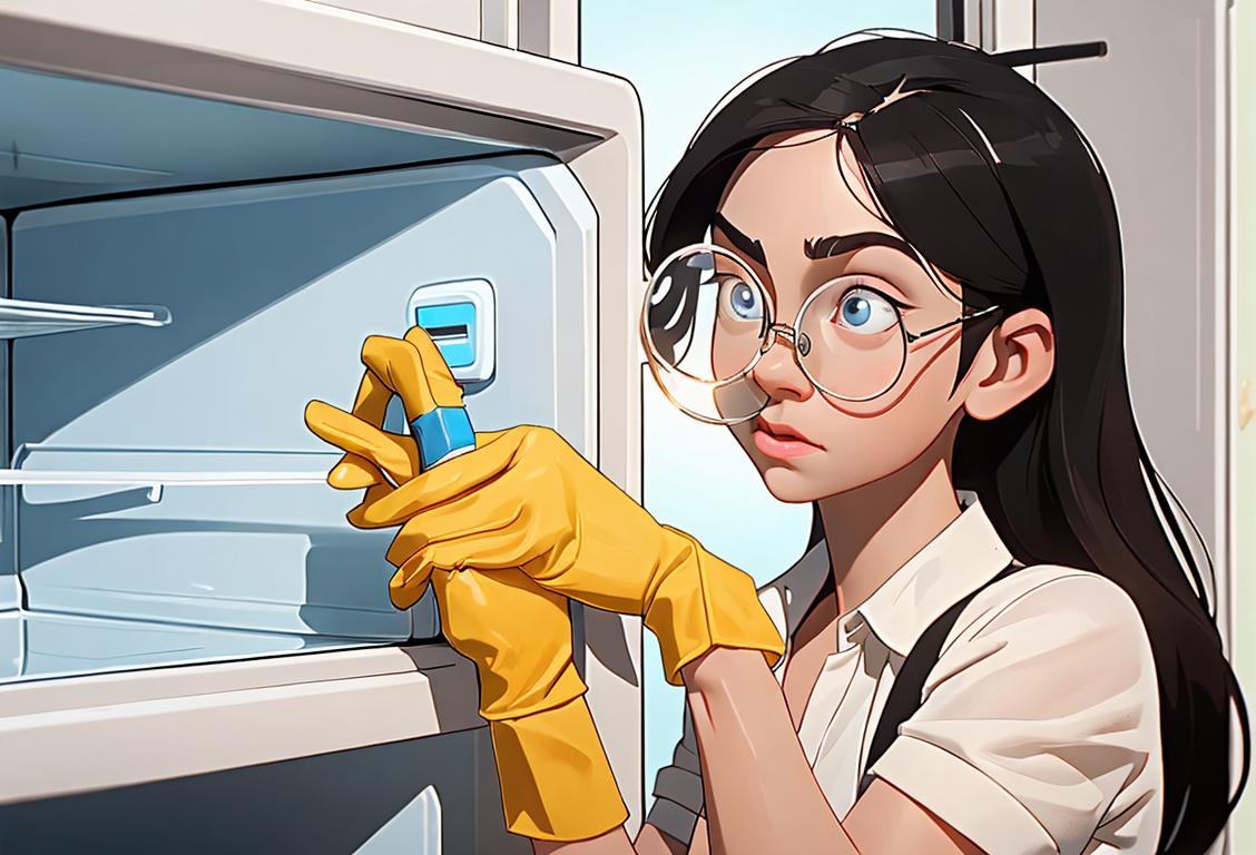 Young person wearing cleaning gloves and holding a magnifying glass, meticulously examining the inside of a sparkling clean refrigerator..