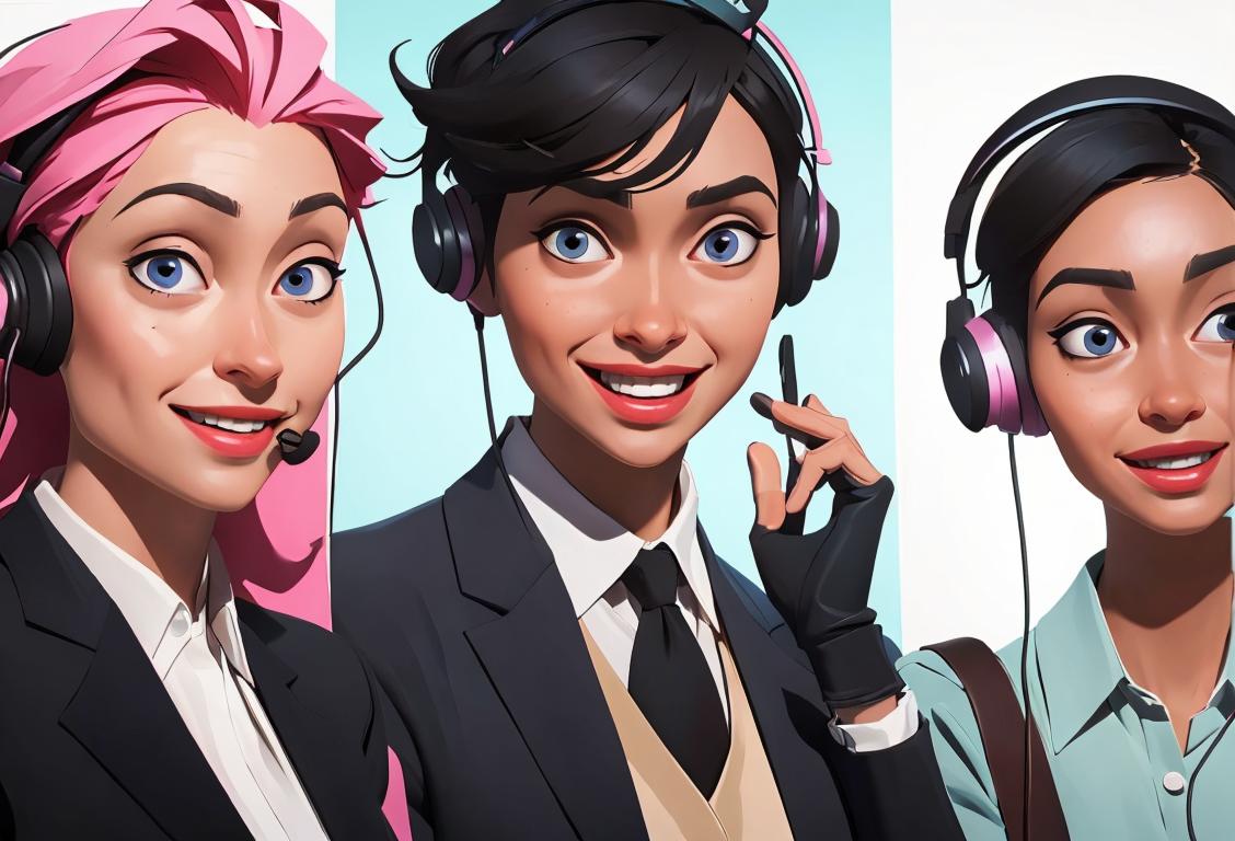 A group of diverse individuals wearing headsets, smiling and talking on the phone, office setting, modern clothing styles..