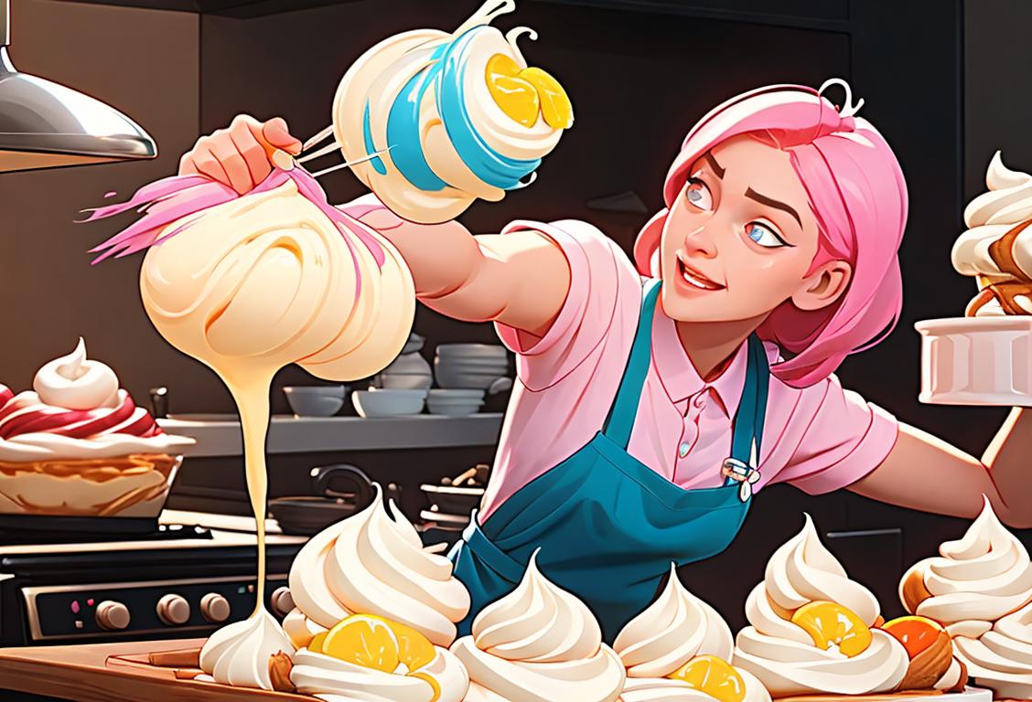 Energetic person with a whisk, covered in whipped cream, preparing a variety of tasty whipped desserts in a colorful kitchen..