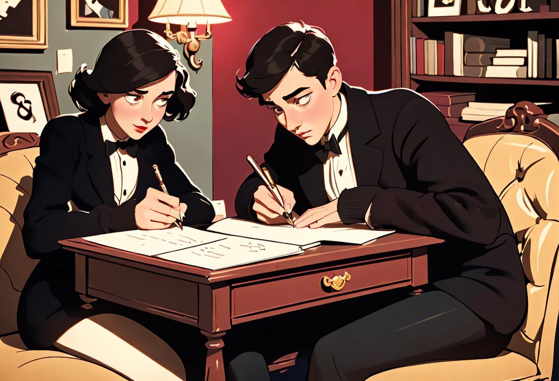 Young adults writing a love letter with fancy pens, wearing vintage fashion, in a cozy bookstore setting..