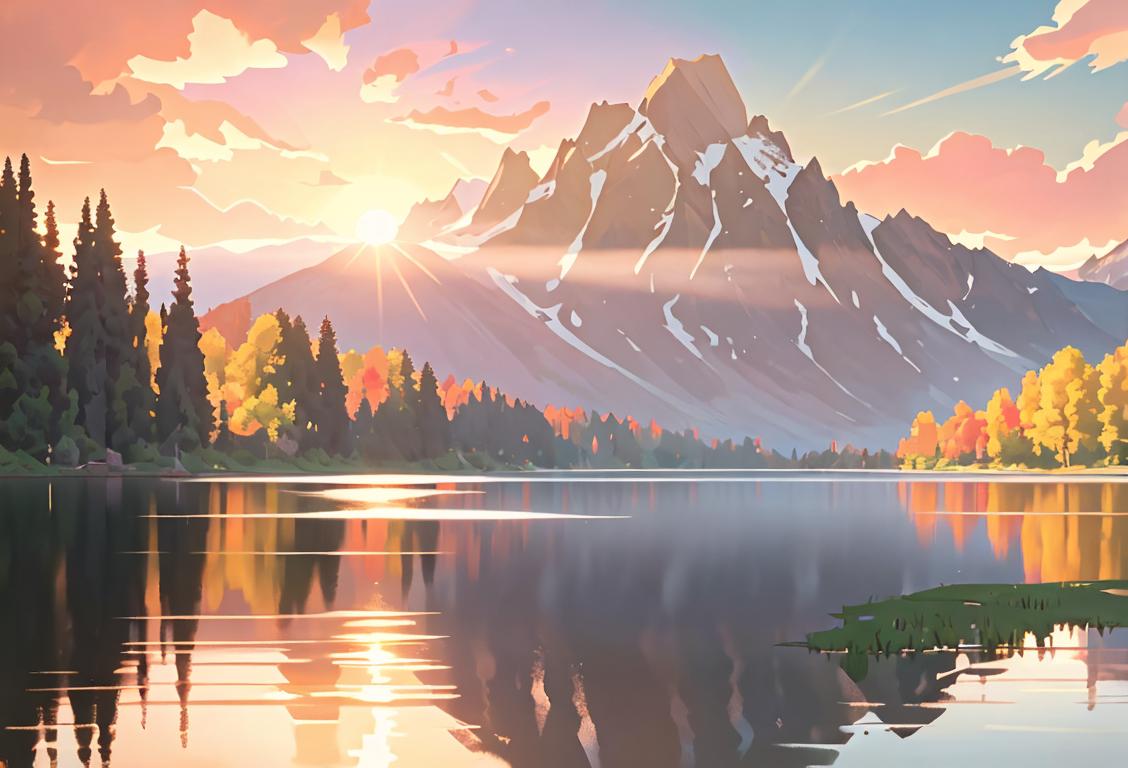 An image of a serene lake surrounded by towering mountains, with the sun rising on one side and setting on the other. A person in casual outdoor clothing embraces the beauty of nature..