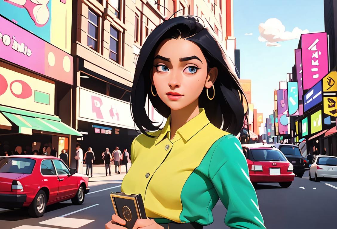 Young person showcasing their talents and achievements, wearing stylish attire, in a vibrant and bustling city..