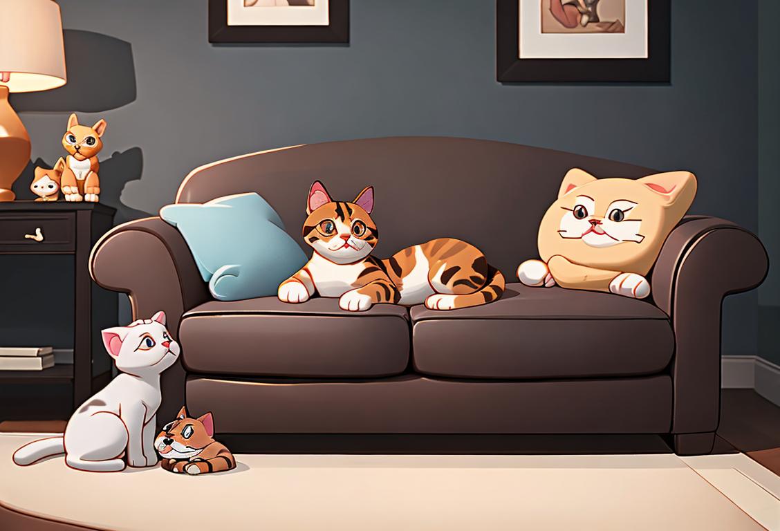 Cuddling on a cozy couch, a cat and a dog happily snuggle together, surrounded by toys and treats, in a warm and inviting living room..
