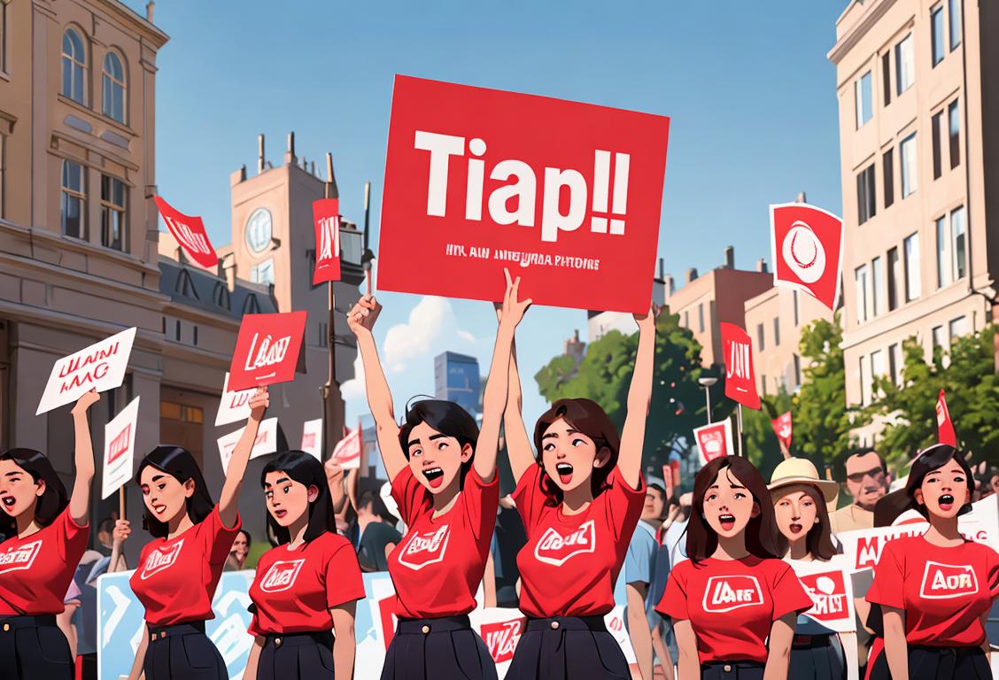 A diverse group of young adults wearing t-shirts with 'Labor Campaign' logo, standing in a bustling city square, holding signs and cheering for workers' rights..
