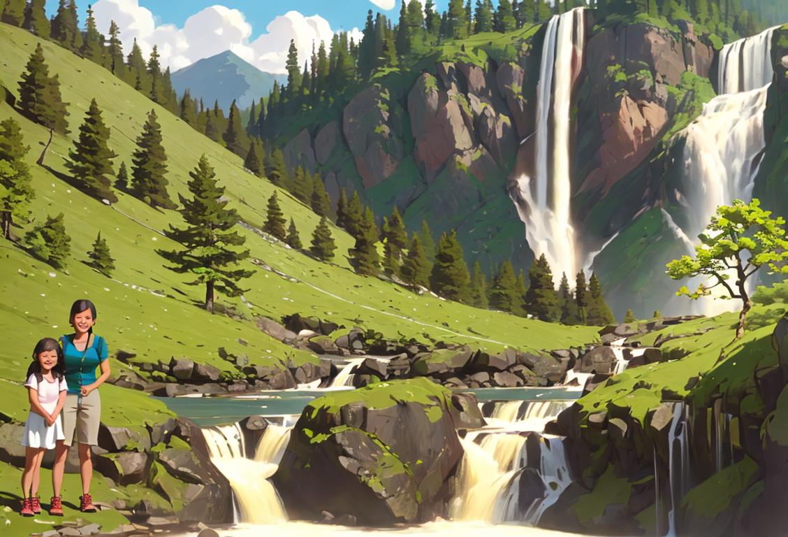 Family wearing hiking gear, smiling, surrounded by beautiful nature scenery, with a majestic waterfall in the background..