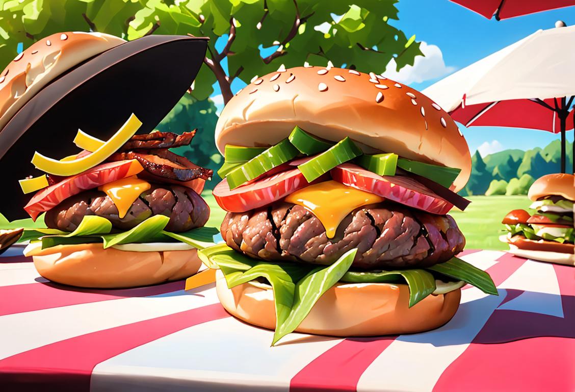 Happy individuals eating brisket burgers, wearing casual summer outfits, at a vibrant outdoor picnic with grilled food and fun decorations..
