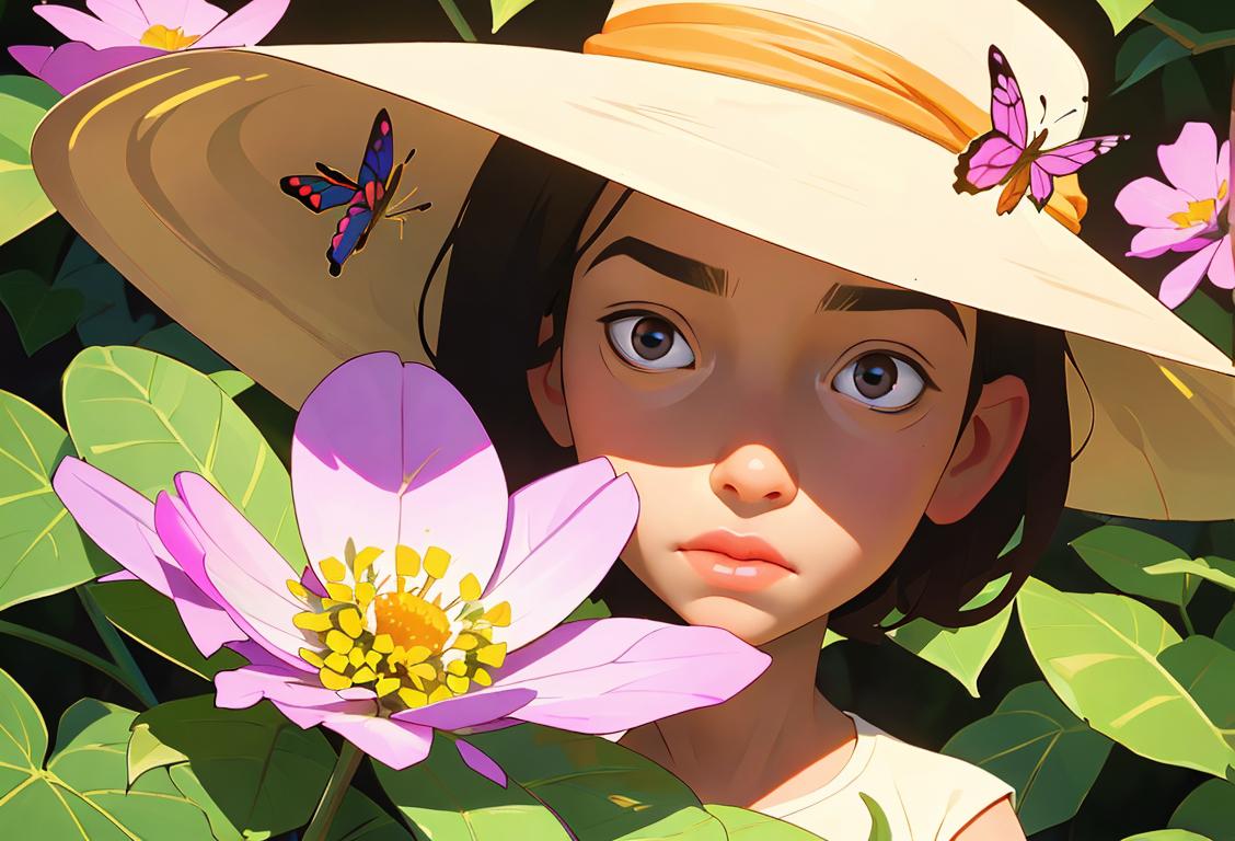 Close-up of a colorful butterfly resting on a flower, surrounded by a lush garden, with a curious child wearing a safari hat admiring them..