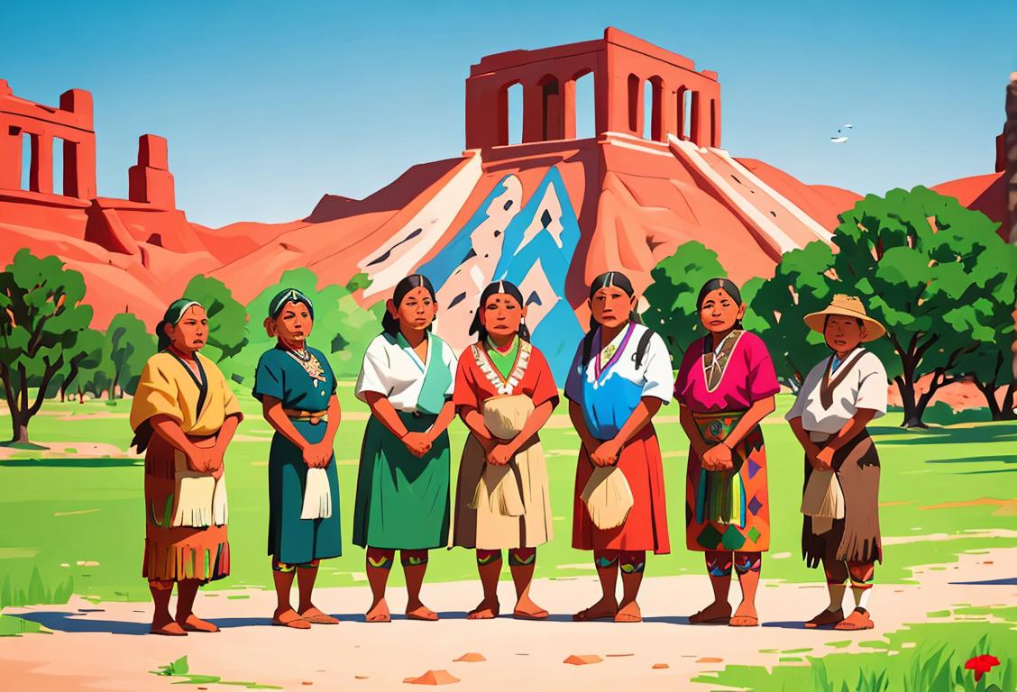 Group of diverse indigenous peoples standing together, wearing traditional clothing, in a vibrant outdoor setting with a historical landmark in the background..