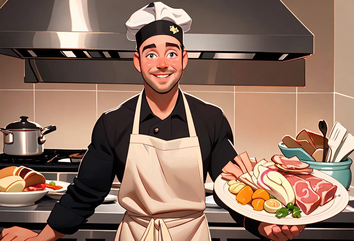 A smiling chef holding a platter of perfectly cooked Canadian bacon, wearing a chef hat and apron, in a cozy kitchen setting..