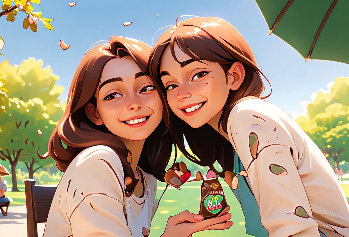 Joyful people in a sunny park, smiling and indulging in milk chocolate-covered almonds. They wear casual summer clothing and embrace the warmth of the day..