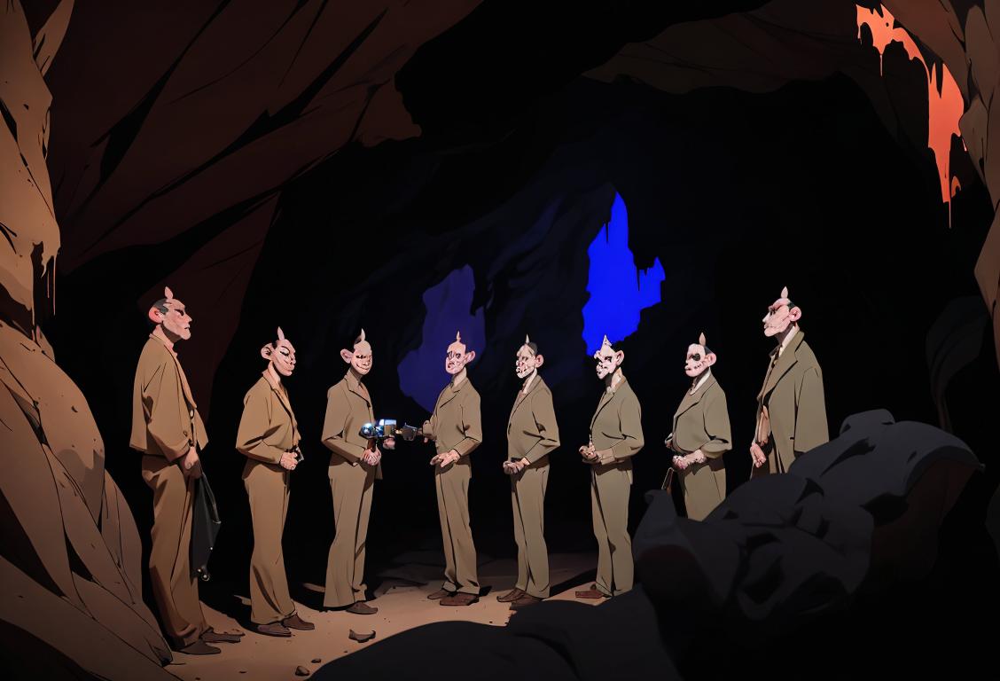 A group of people wearing dark, stylish clothing, holding flashlights, explore a spooky cave filled with bats..