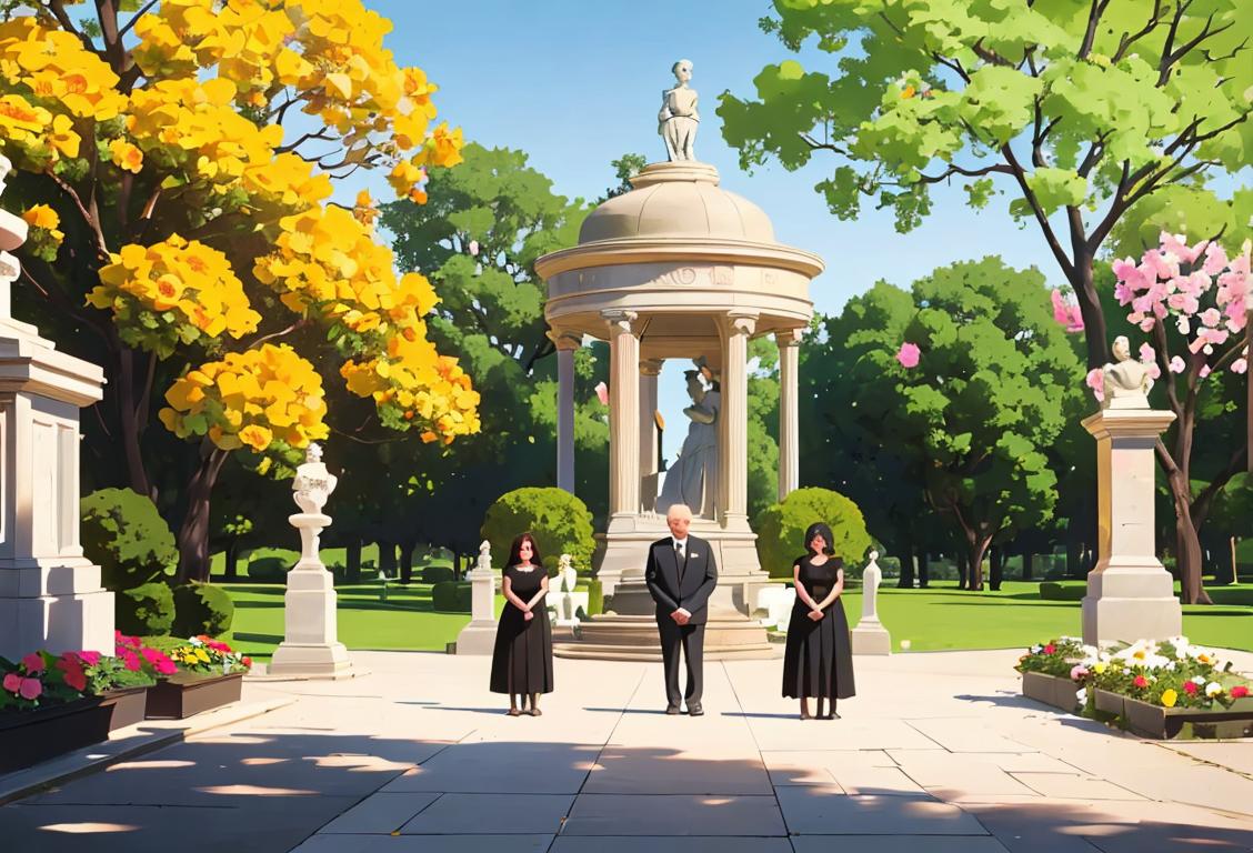 A  group of diverse people, standing by a memorial, holding pictures and flowers, wearing formal attire, park setting.