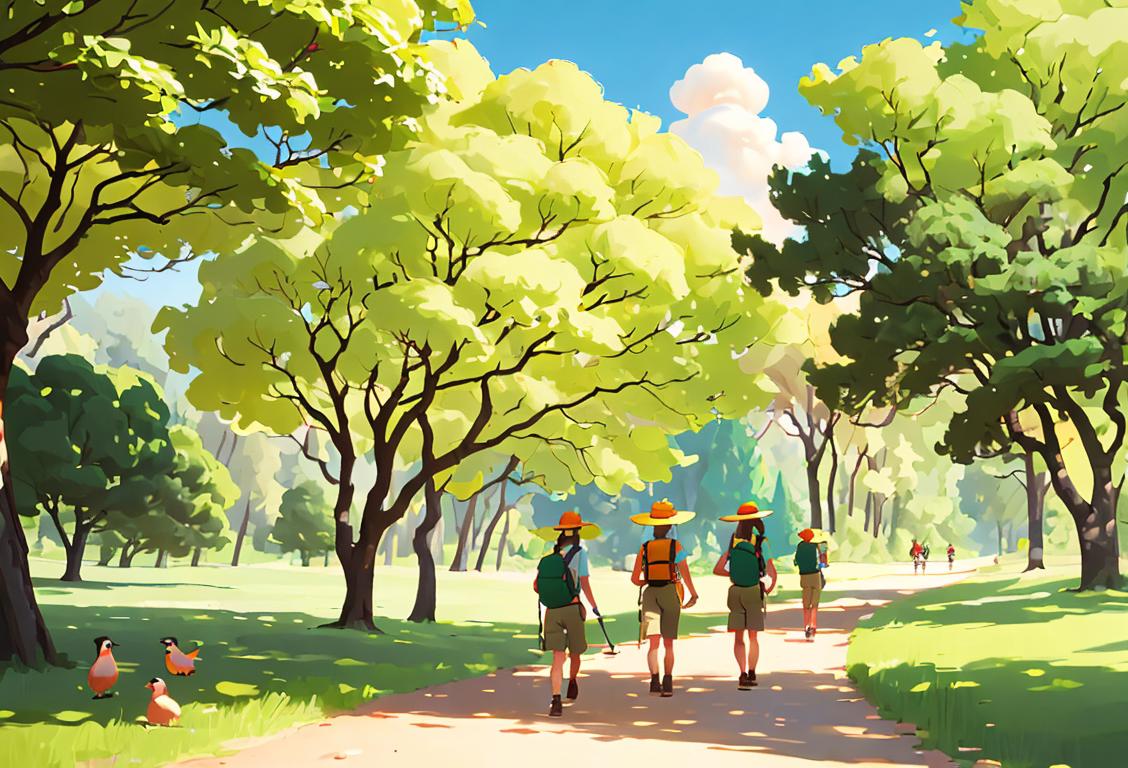 A group of happy hikers wearing sun hats and carrying backpacks, surrounded by lush green trees and birds chirping in a national park..