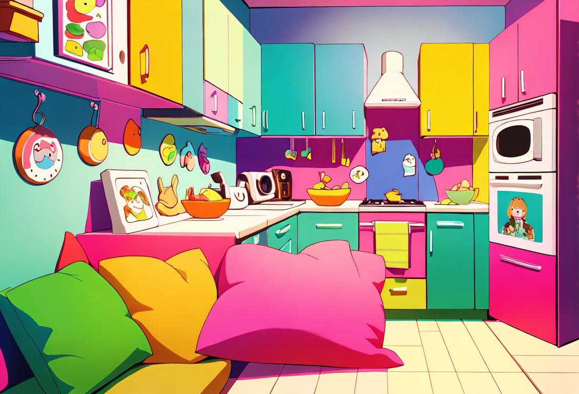 A whimsical scene with a colorful fridge decorated with pillows, surrounded by joyful people from different cultures, wearing vibrant clothing..