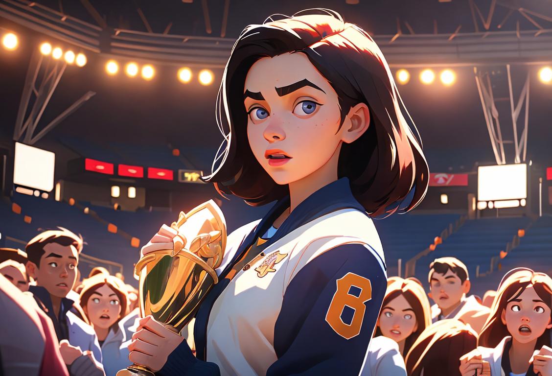 Young woman wearing a varsity jacket, holding a trophy, surrounded by cheering crowd, sports arena background..