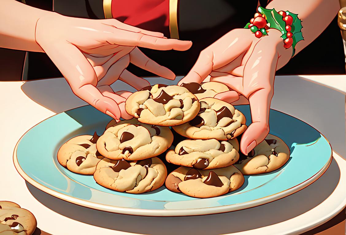 Close-up of a plate filled with freshly baked cookies, surrounded by a festive holiday decor, someone's hand reaching out to grab one..