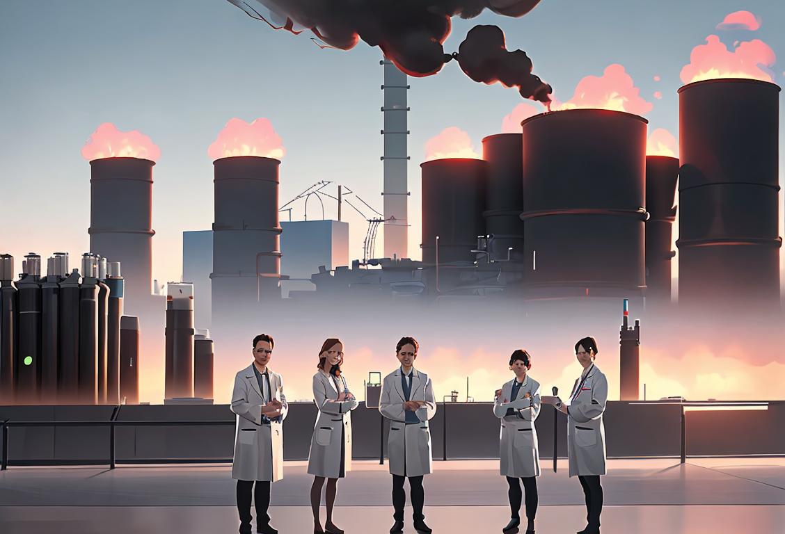 A group of scientists standing in front of a futuristic fuel cell power plant, wearing lab coats, with a high-tech city skyline in the background..