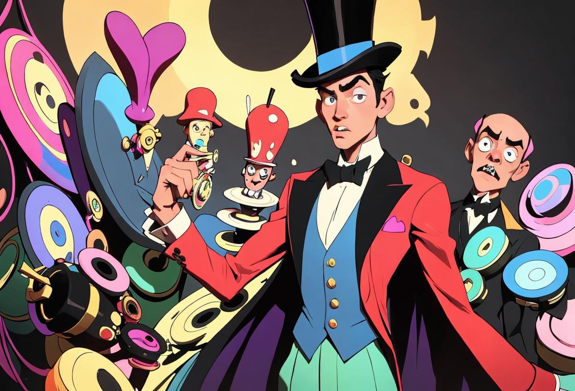 Young man in a colorful outfit, wearing a top hat, surrounded by a variety of quirky gadgets and props..