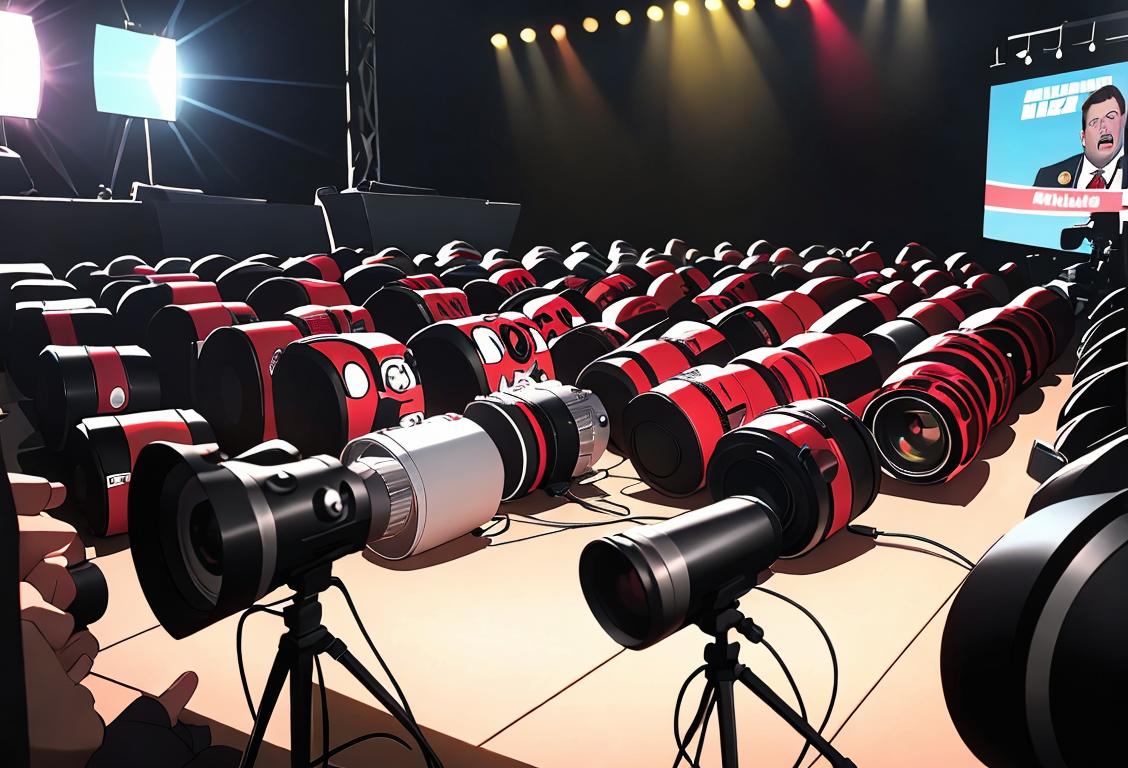 A group of journalists surrounded by microphones, cameras, and bright lights, capturing the excitement and buzz of National Championship Media Day..