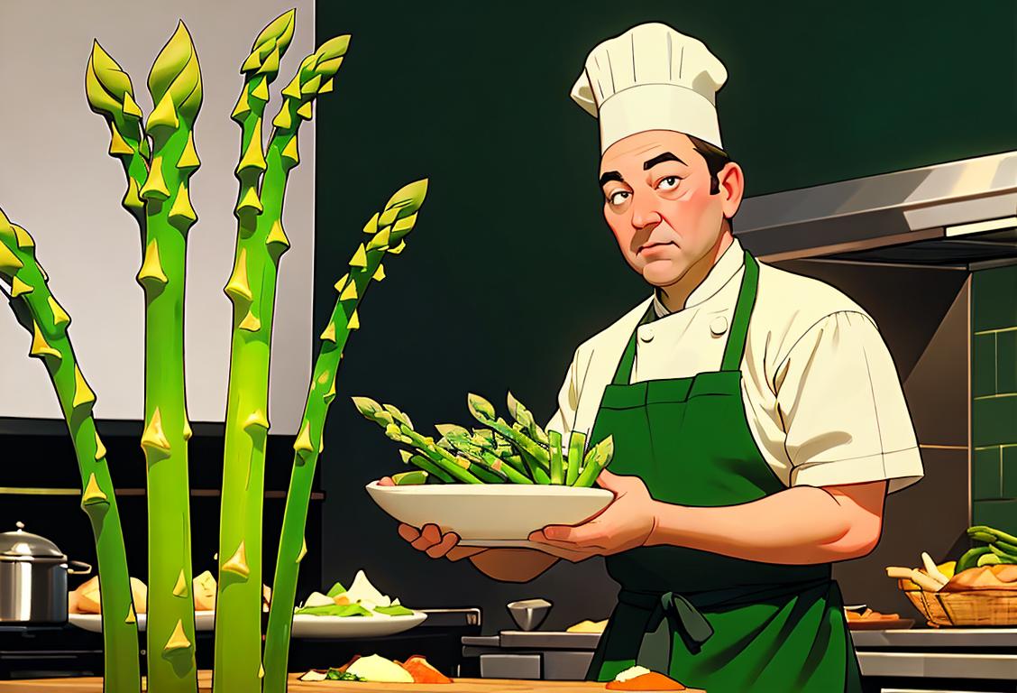 A chef holding a bunch of fresh, vibrant green asparagus, wearing a classic white chef's hat, in a bustling restaurant kitchen..