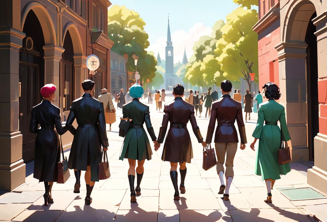 A group of diverse people confidently walking away from Marcus Hyde, each wearing stylish outfits representing different fashion eras..
