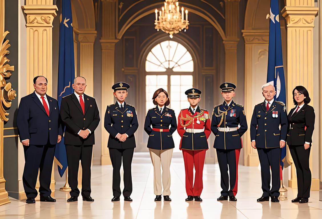 A diverse group of individuals representing different national institutions, dressed in their respective uniforms, standing together in a supportive and accepting environment..