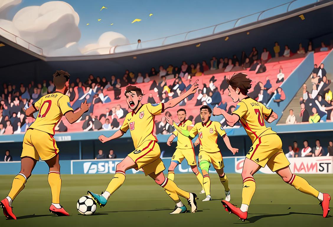 Group of soccer players, wearing team jerseys, celebrating a goal, vibrant stadium atmosphere with cheering fans in the background..