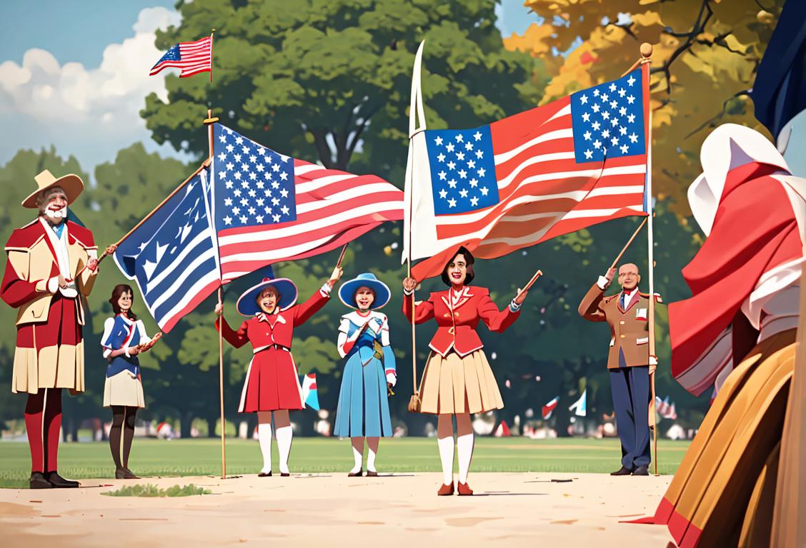 A diverse group of people dressed in patriotic attire, waving flags, outside in a park setting..