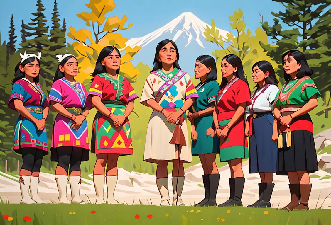National Chief Perry Bellegarde standing with a group of indigenous women, embracing diversity and unity. Nature backdrop with vibrant colors and traditional cultural elements..