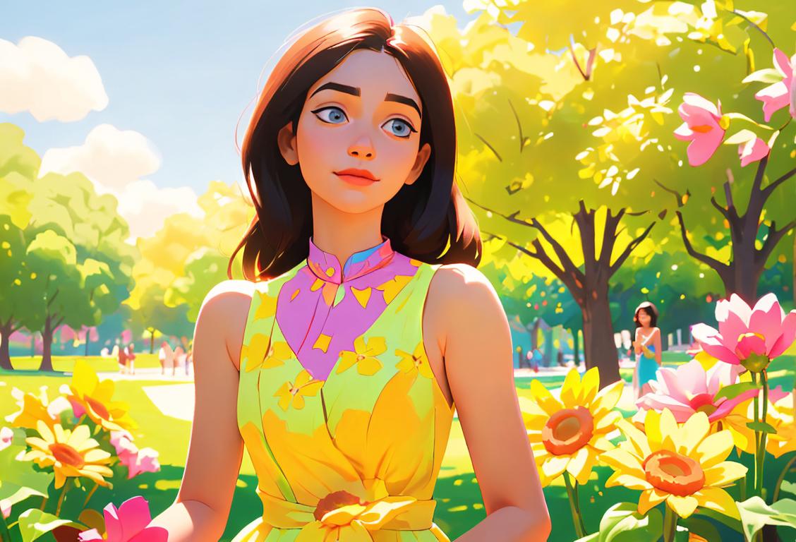 Young woman giving a sincere compliment, wearing a colorful sundress, sunny park setting with flowers in the background..