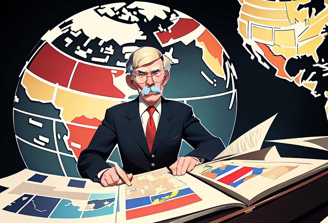 John Bolton, with his iconic mustache, celebrates an interesting day. Picture of a man in a suit, patriotic tie, holding a globe, surrounded by flags and world map..