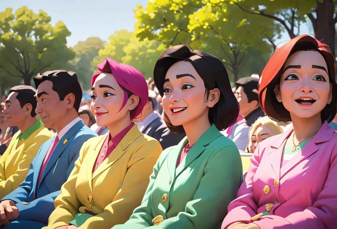 Group of diverse individuals applauding happily, wearing colorful clothes, urban park setting, celebrating National Audience for the Third Day!.